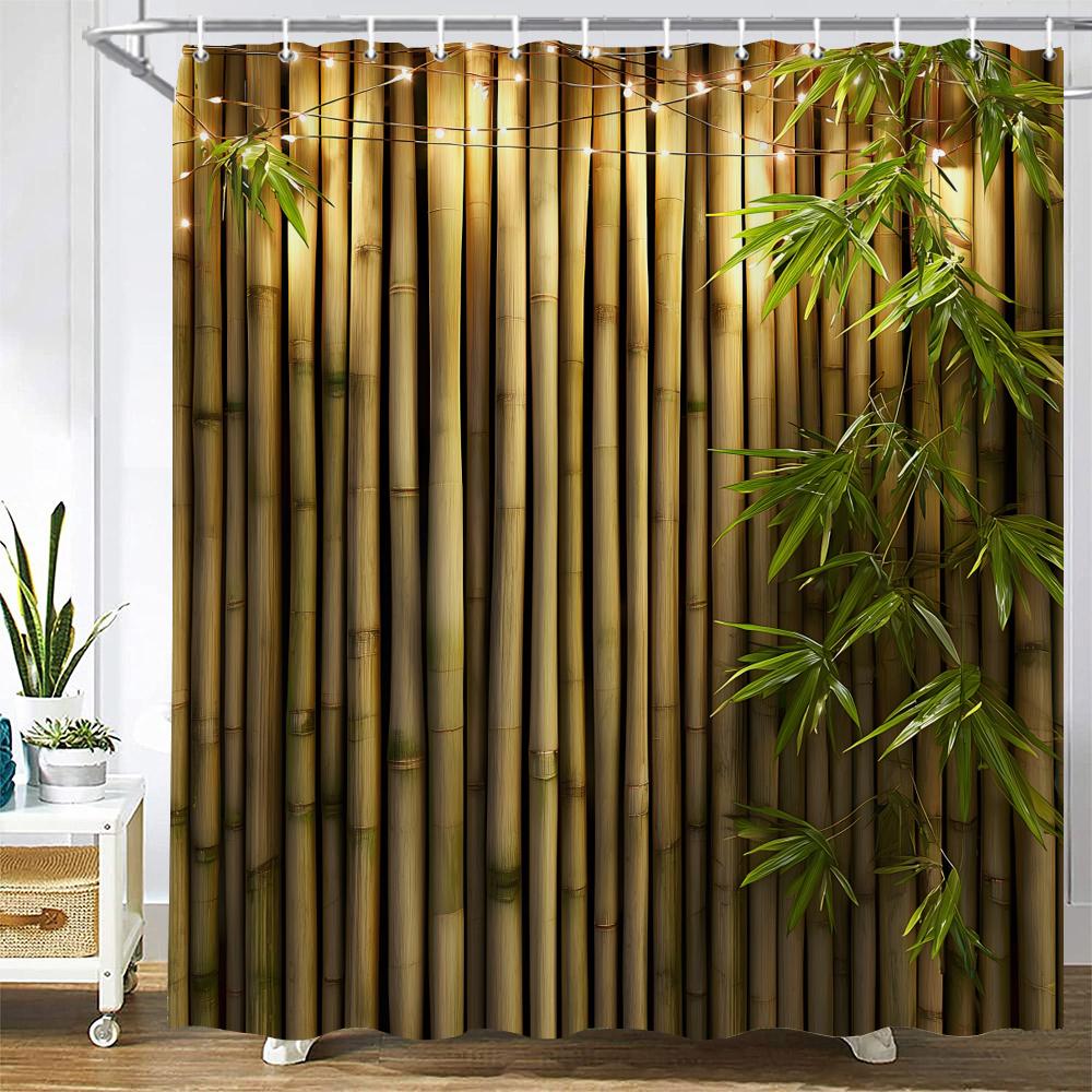 

Green Plant Bamboo Shower Curtain Bath Curtain Polyester Fabric Leaves Printed Bathroom Curtains For Home Decoration Curtain W60H190(CM)-1 Pcs