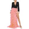 Women Tulle Tutu Long Skirt Multi-layer Ruffled Elastic Slit Mesh Cocktail Party Skirt for Beach Streetwear