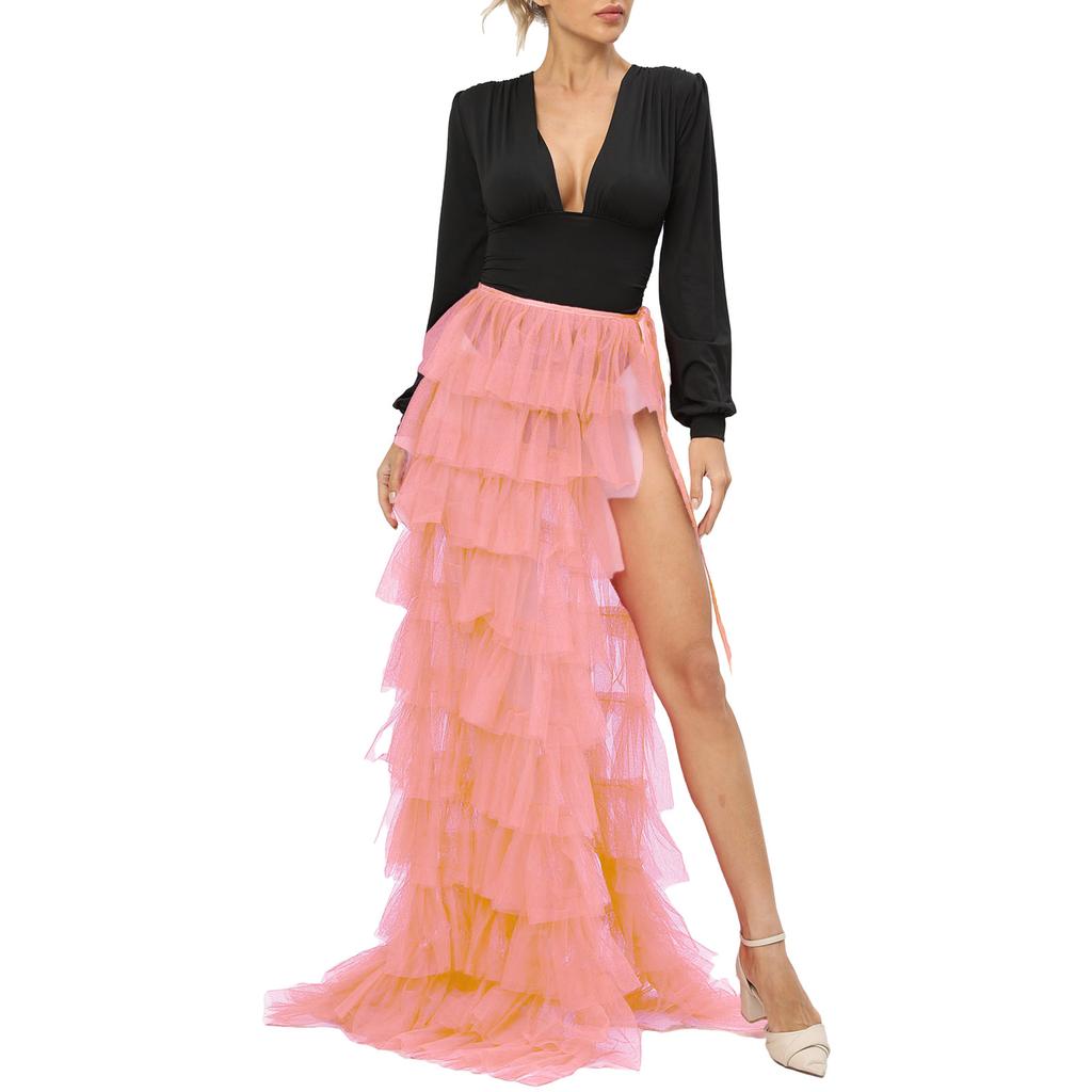 Women Tulle Tutu Long Skirt Multi-layer Ruffled Elastic Slit Mesh Cocktail Party Skirt for Beach Streetwear