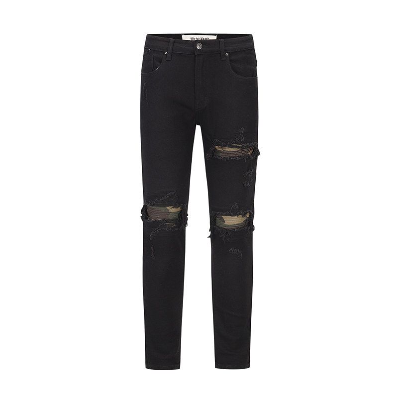 

High Street Style Patchwork Wrinkled Black Slim-Fit Stretch Skinny Jeans Hip-Hop Winter Versatile Long Pants Black EUR36