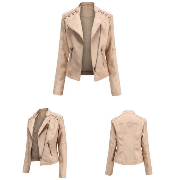 Stylish Women Faux Leather Moto Jacket Retro Lacing Detail PU Biker Coat Casual Zip Up Outerwear Slim Fit Short Classic Plus Size S-4XL