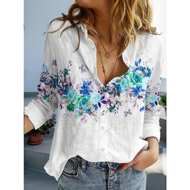 Fashion Women's Casual 3D Floral Print Blouse Lapel Neck Blouse Women Long Sleeve Shirts Casual Womens Clothing