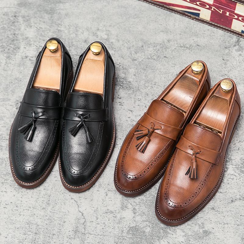 British Style Tassel Dress Shoes Men Shoes Brand Luxury Loafers Black British Style Moccasin Thick Bottom Low Heel Men's Shoes