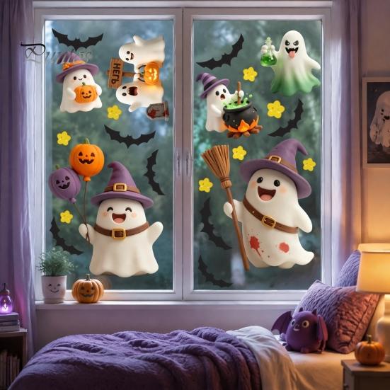 Shop Window Displays 2Pcs Cute Ghost Halloween Static Stickers, PVC Waterproof Cartoon Pumpkin Bat And Holiday Party Supplies Star Glass Decals,