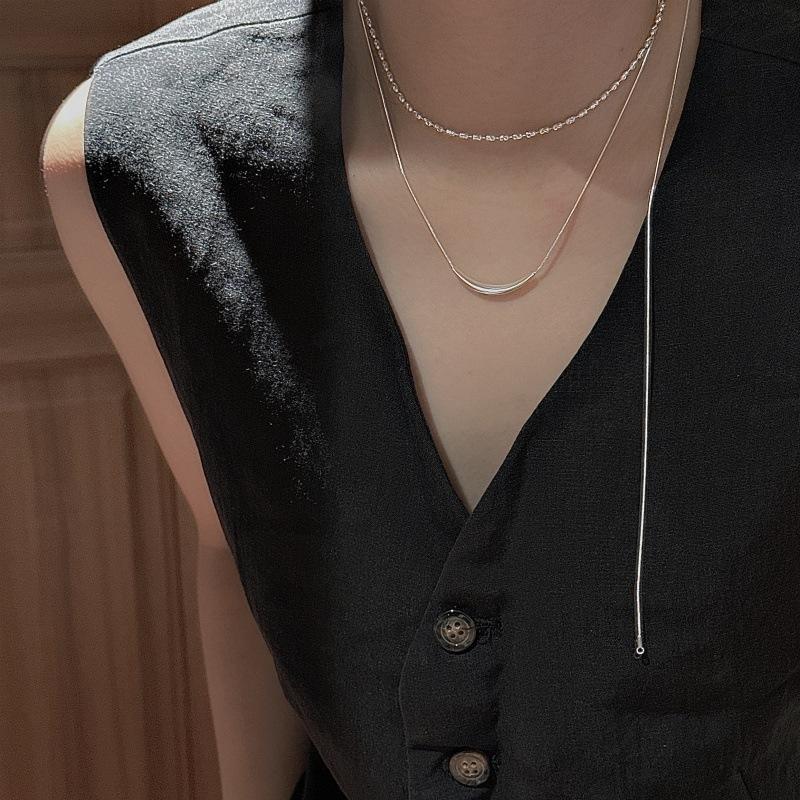 S925 Sterling Silver Korean Minimalist Pull-out Sweater Chain Textured Clavicle Necklace Adjustable Jewelry Gift for Women