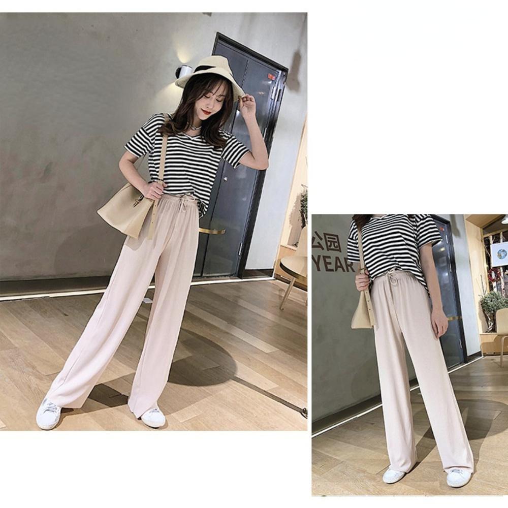 Summer Ladies Ice Silk Light Wide Leg Trousers Girl Solid Color High Waist Loose All-match Straight Casual Pants