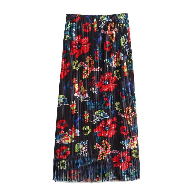 

Kaslead New Women clothes Western Style Fashion Single Layer Sanzhai Creased Print Tassel Elastic Skirt Big black flower One size