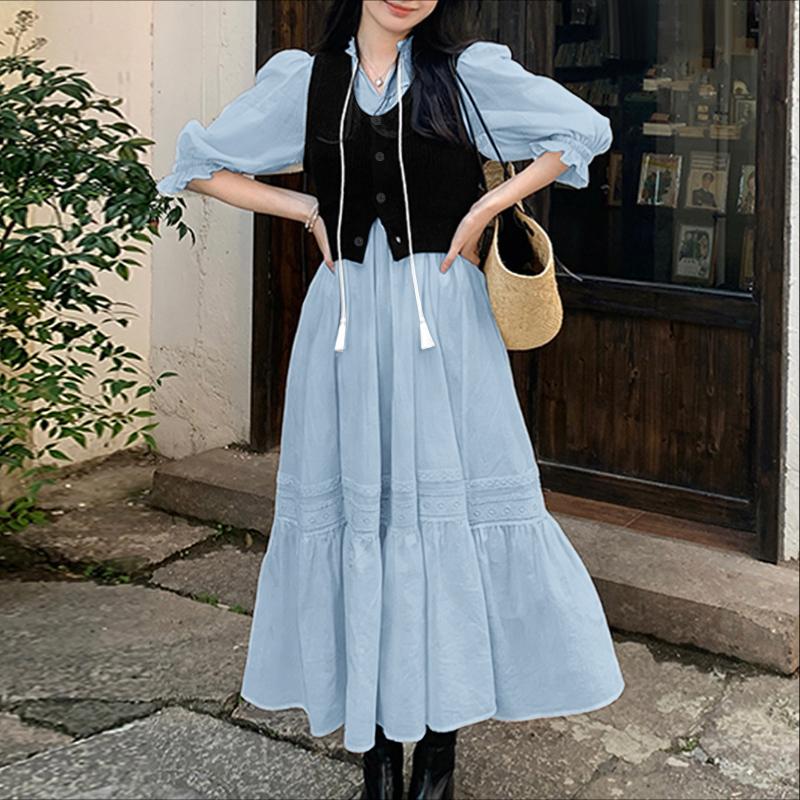 

ZANZEA Женское повседневное платье с круглым вырезом, длинным рукавом, свободное, пэчворк M светло-синий