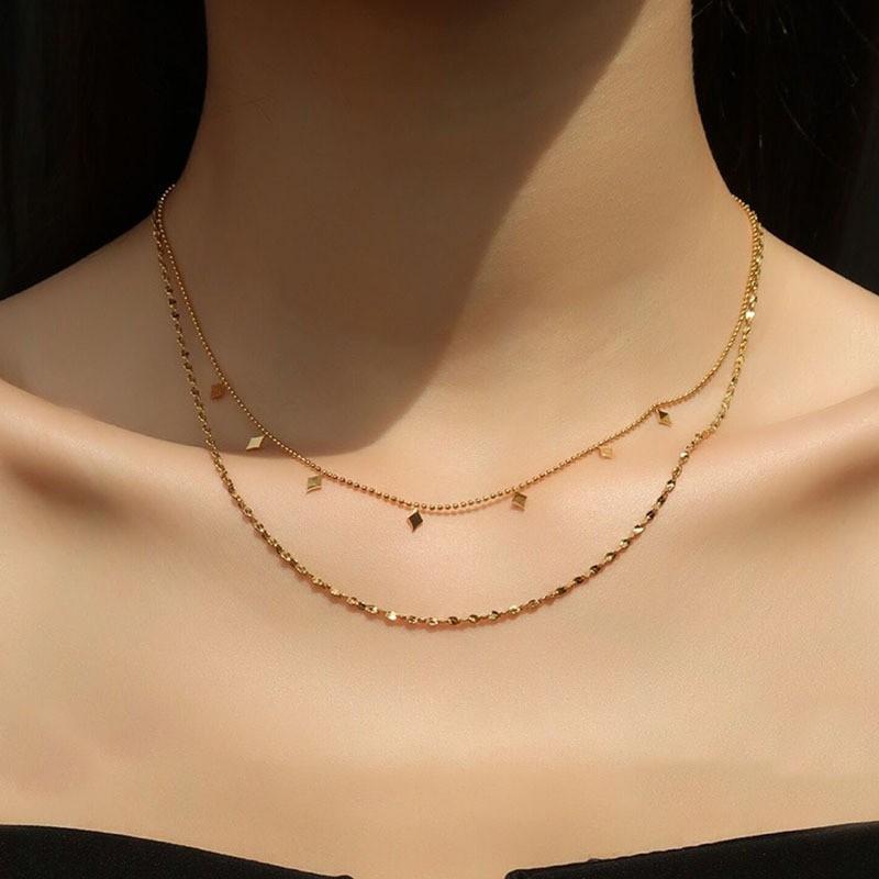 Double Layer Geometric Rhombus Sequin Pendant Necklace Women 18K Gold Plated Titanium Steel Hypoallergenic Fade-Resistant