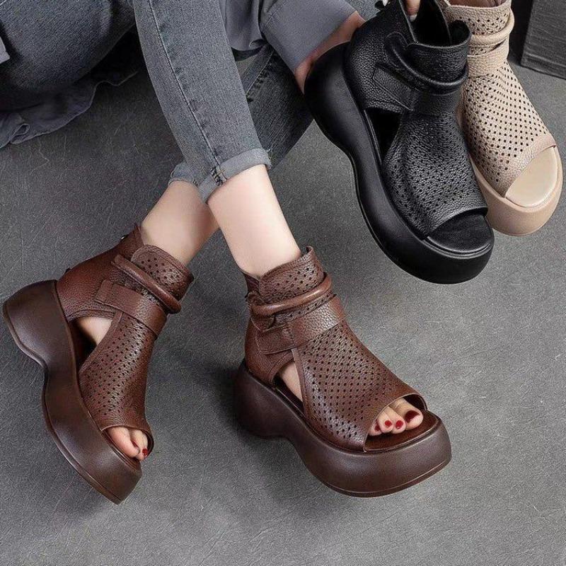 New Plus-size Shoes with Fish-mouth Cutout Boots Thick-soled Wedge Heels and Breathable Cool Boots with Rear Zippers