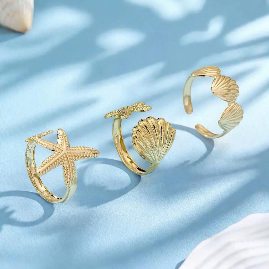 Ocean Wind Shell Ring Starfish Opening Adjustable Ring Set Niche Fashion Vacation