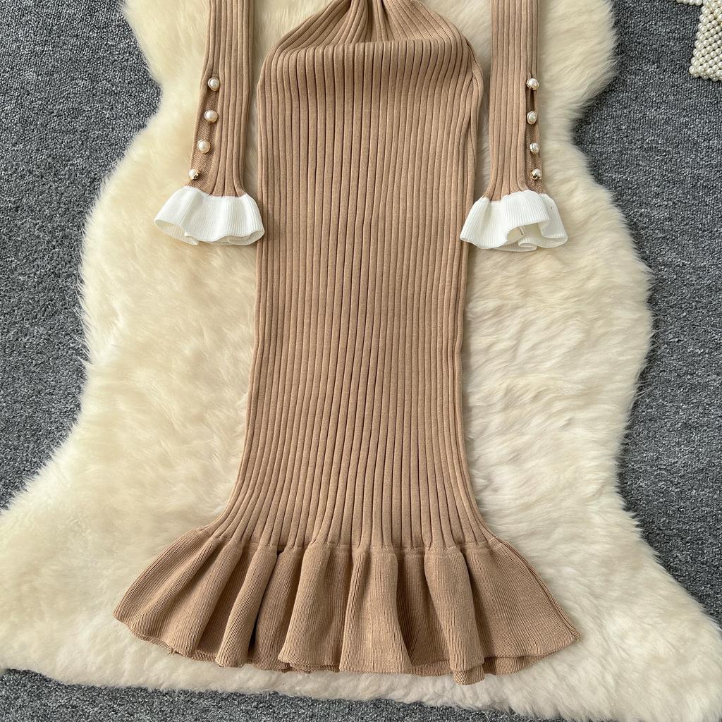 Spring Autumn Women Sweet Peter Pan Collar Knitted Sweater Long Midi Slim Mermaid Dresses