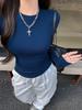 American Cinched Waist Long Sleeve T-shirt, Korean Style, High Stretch, Round Neck, Hot Girl Fashion for Autumn and Summer.