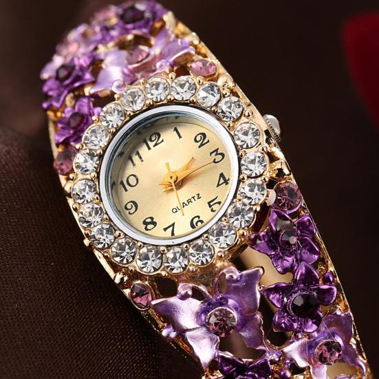 Yousheng Women Watch Shiny Rhonestone Flower Butterfly Decor Hollow Out Color Matching Stainless Metal Decorative Quartz Movement Round Dial Wrist