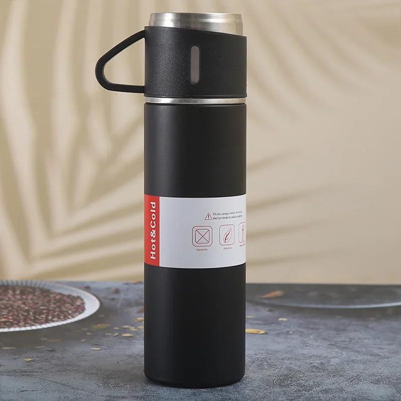 500ML 3-Tassen-Deckel Outdoor Heißwasser Thermoisolierung Neue Edelstahl-Vakuumflasche Geschenkset Thermoskanne Business-Stil