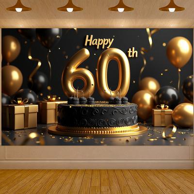 Sparkling Glittery 60th Happy Birthday Banner Black Gold Balloon Birthday Party Decoration Backdrop Photography Background Props