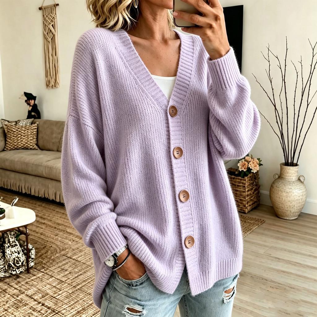 Women's Color V-Neck Button Front Knit Cardigan Long Sleeve