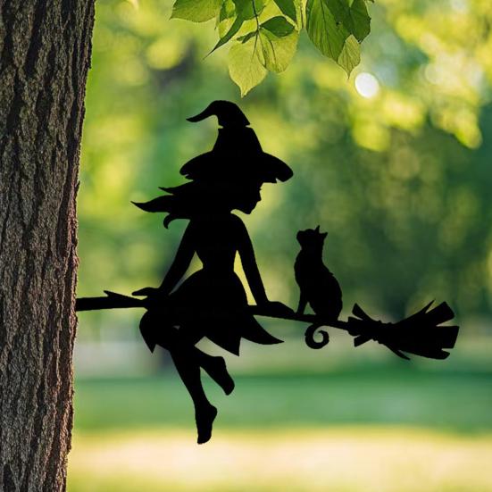 Metal Witch And Cat Silhouette Stake Halloween Insert On The Branch Yard Art Decor Black Tree Stump Sign for Outdoor Patio Lawn Courtyard Garden Decor