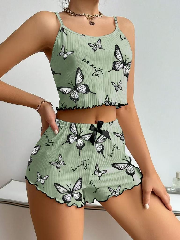 Women’s Fashion Butterfly Print Ribbed Cami Top and Shorts Two-Piece Pajama Set Comfortable Loungewear