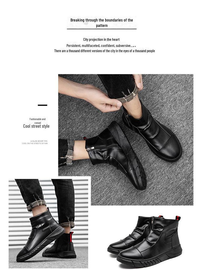 Men's Black British Style Work Boots: Trendy Autumn/Winter Martin Boots, High Top Lightweight Leather Shoes