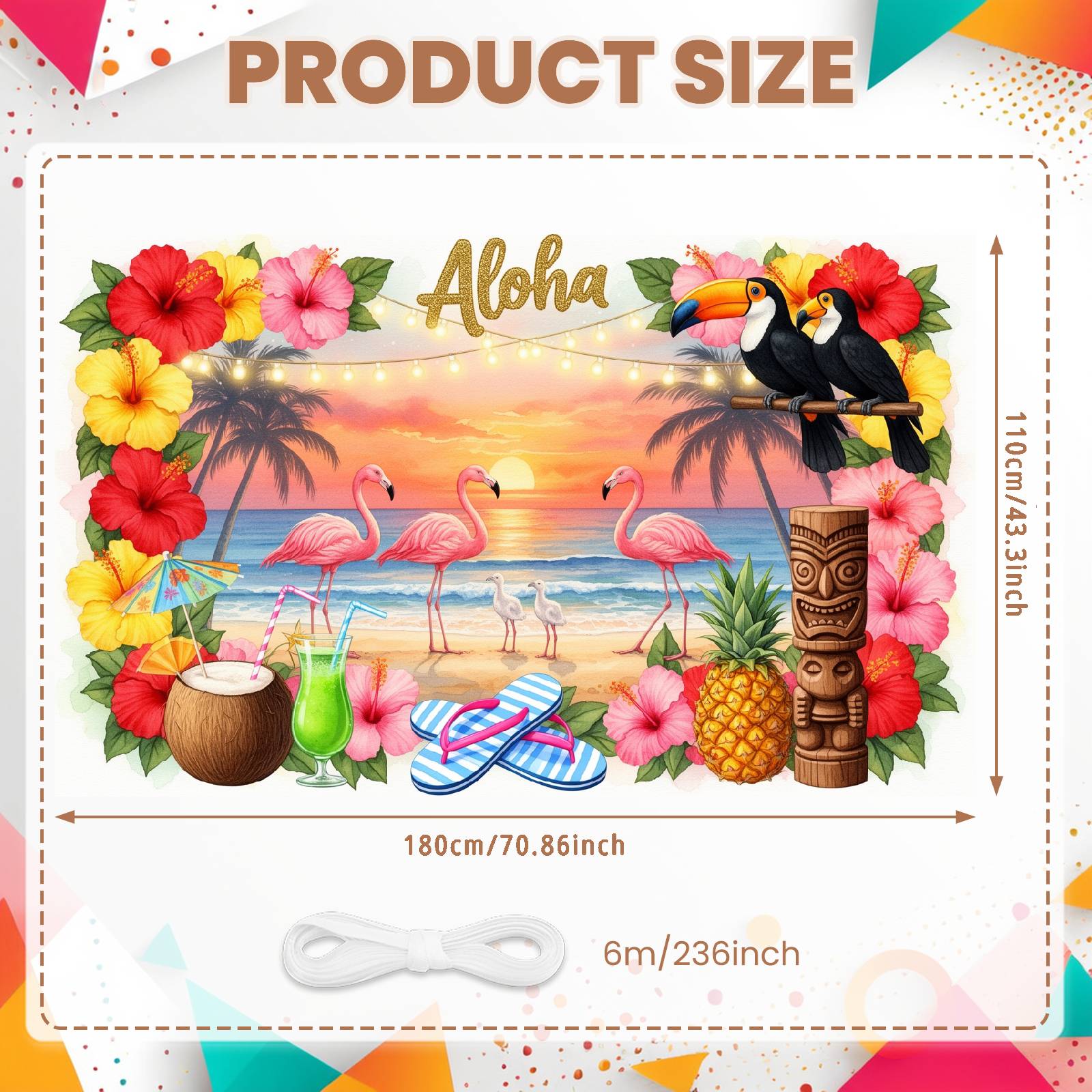 Beach Party Backdrop Toucan Bird Hawaiian Luau Banner Flamingo Celebration Banner Beach Sunset Coastal Event Banner