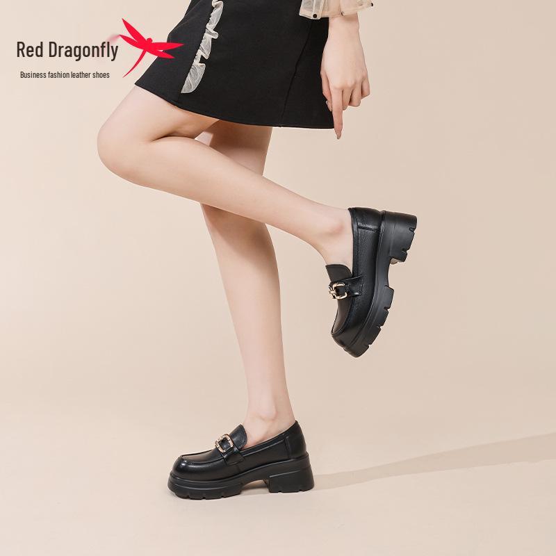 Red Dragonfly Women's Genuine Leather Petite Platform Loafers - Spring British Style
