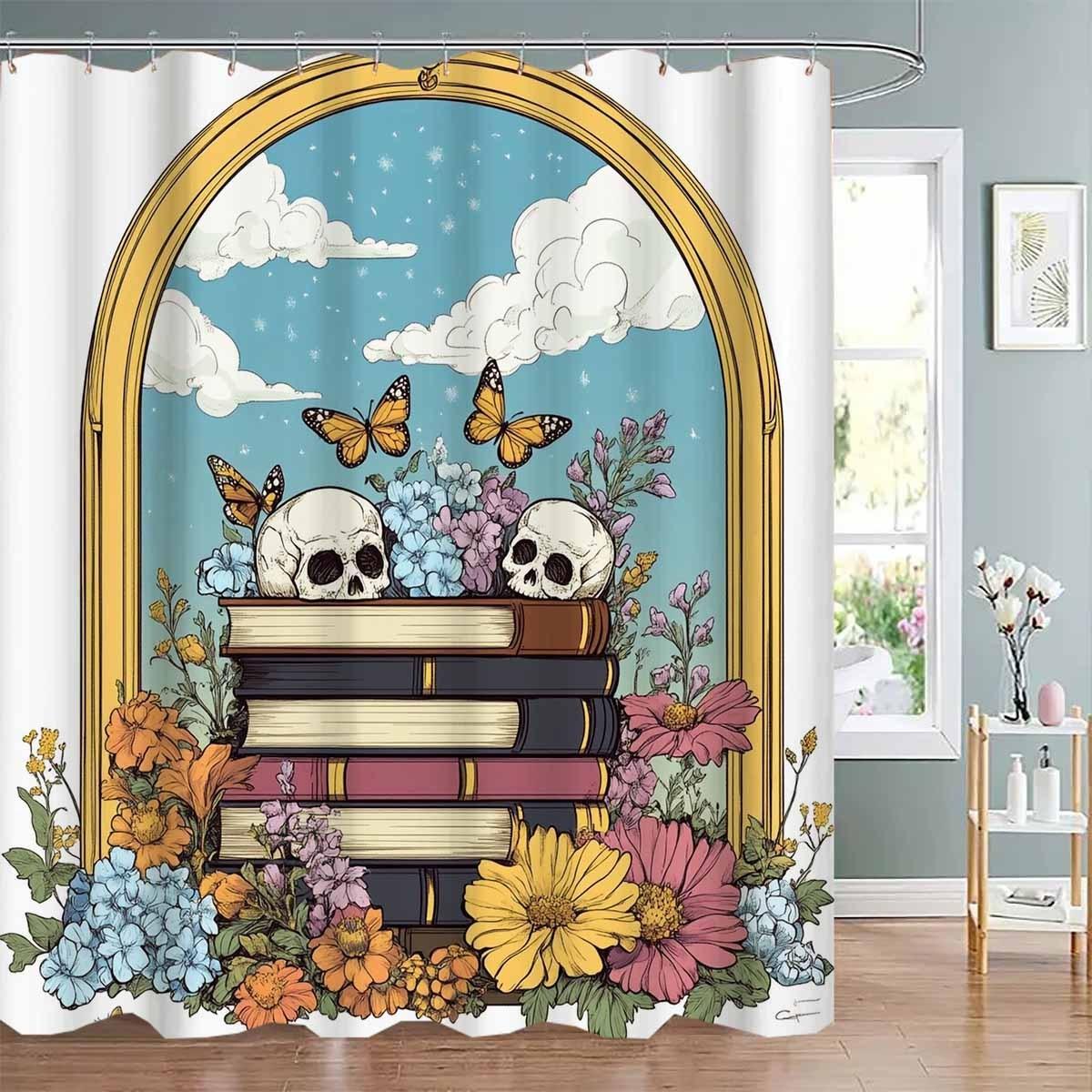 

1Pc Water-Resistant Polyester Shower Curtain, Skull, Book, Butterfly, And Floral Print, Machine Washable, Unlined, With 12 Hooks W60H190(CM)-1 Pcs