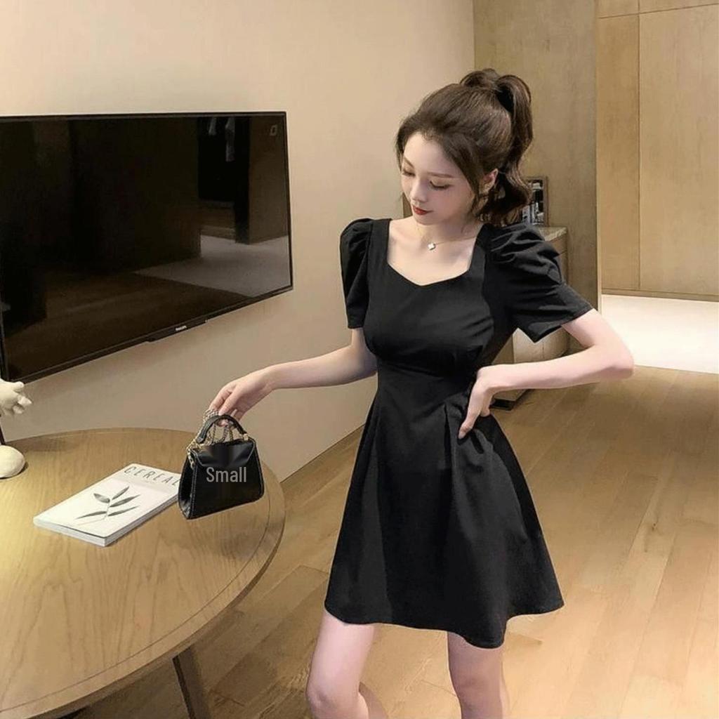 Europäisches Französisches Quadratkragen Puffärmel Schwarzes Kleid - Slim Fit Sommer Damenkleid