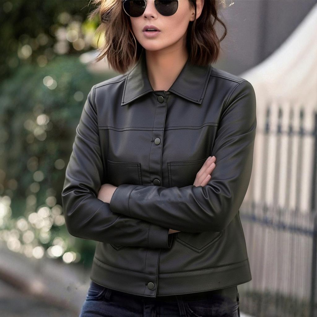 Cross-border New European and American Style Women's Short PU Leather Jacket, Fashionable Stand-collar Versatile Motorcycle Jacket, Spring/autumn Styl