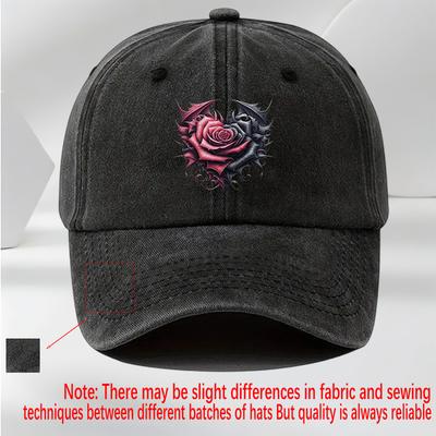 Gothic Heart Rose Baseball Cap Vintage Washed Polyester Casual Adjustable Headwear for Adults