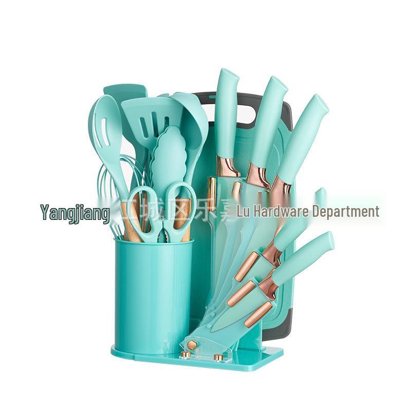 19-Piece Non-Stick Silicone Kitchen Utensil Set with Knives and Storage Bucket
