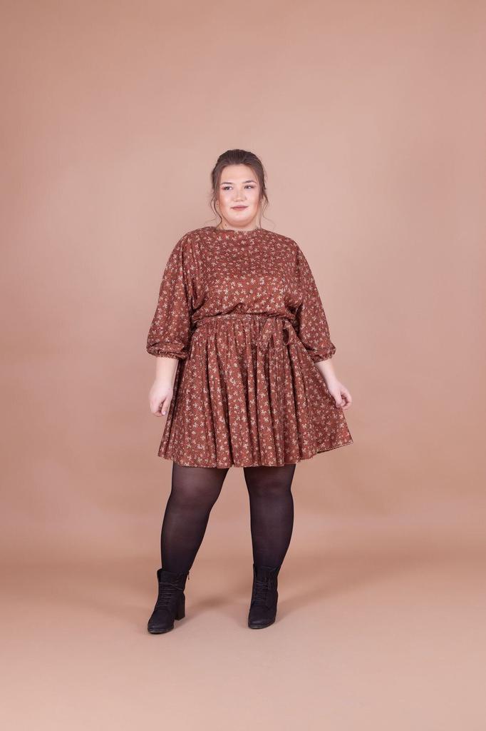 Women's Big Size Dress Plus Size Tan Velvet Floral Patterned Bat Sleeve Dress