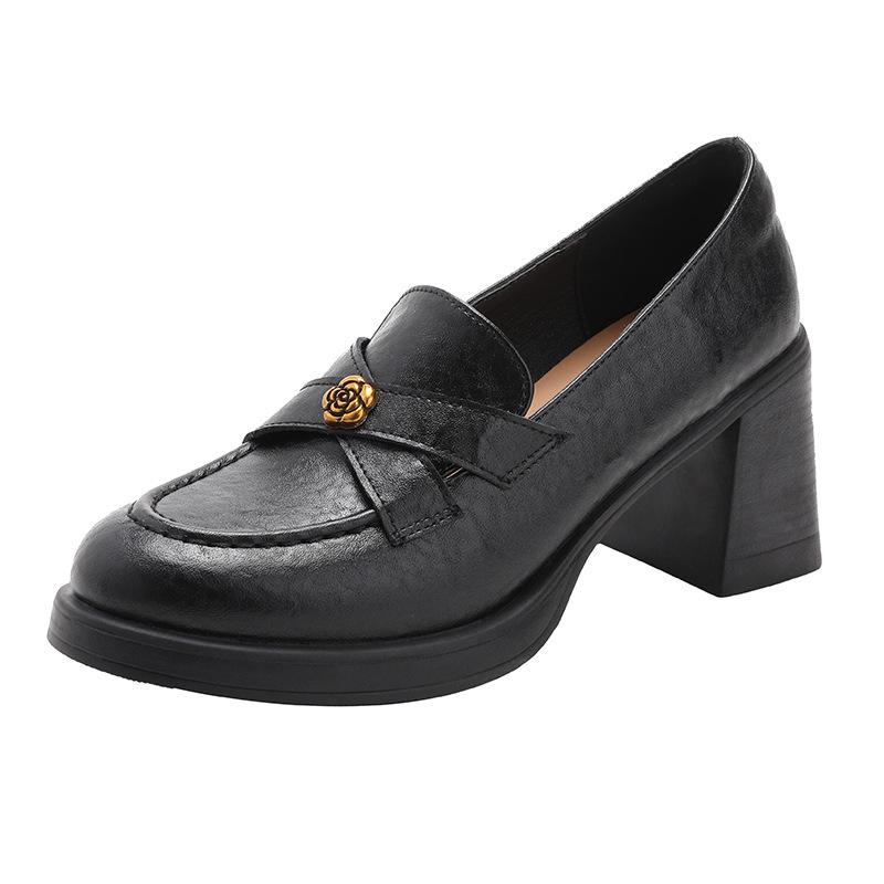 Sheepskin 7.5cm Heel Retro Camellia Loafers: Chunky Heel Black Leather Slip-On Shoes