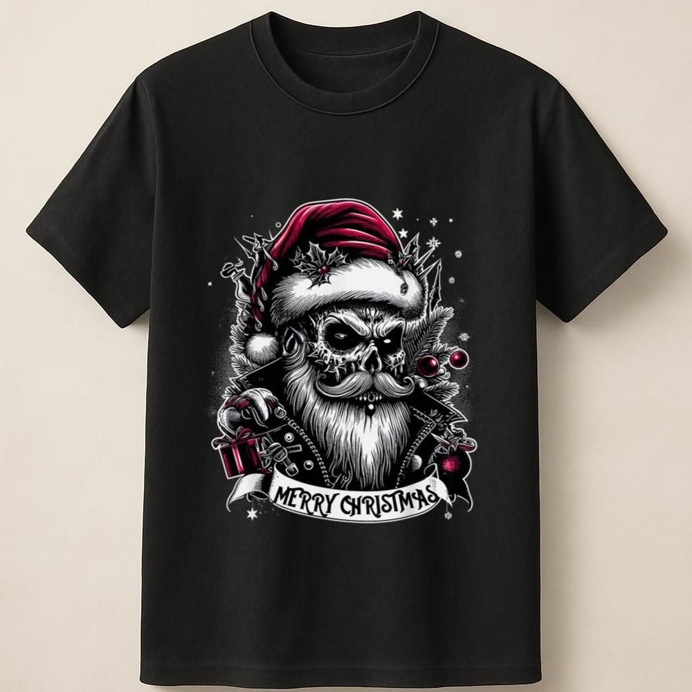 Merry Christmas Skull Santa Graphic Tee Holiday Punk Unisex T Shirt Unisex T-Shirt XL