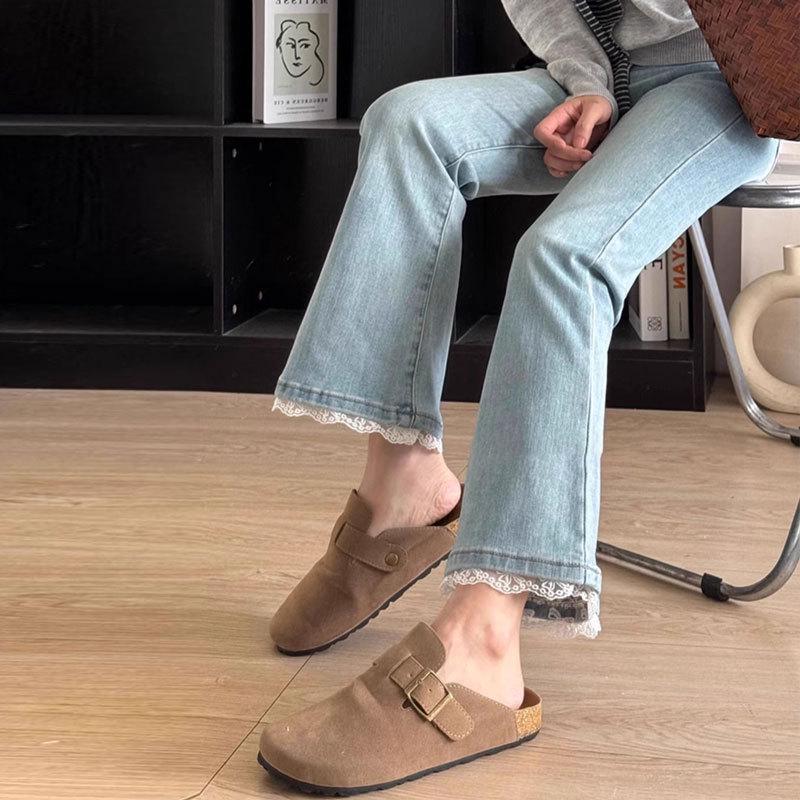

Women s Petite Lace Patchwork Slim Fit Denim Jeans: Plus Size, Versatile Spring/Summer, Cropped Micro Flare Pants 4XL світло-синій колір