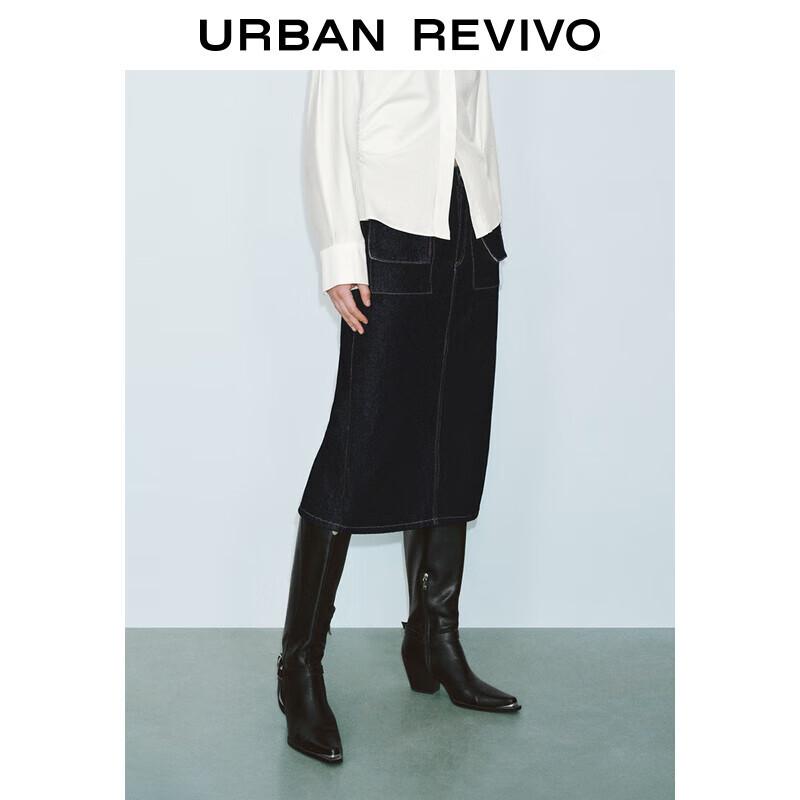 UR Retro Multi-pocket Back Slit Denim Midi Skirt XS