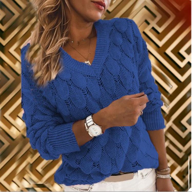 Maglione lavorato a maglia con scollo a V, maniche lunghe invernali da donna, maglione scavato con piume
