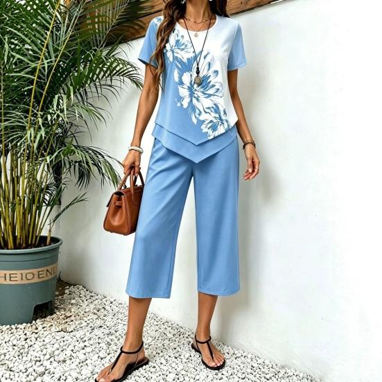 Women's Casual 2 Piece Sets Short Sleeve Crew Neck Top And Cropped Pants Sets Summer Floral Lounge Outfits