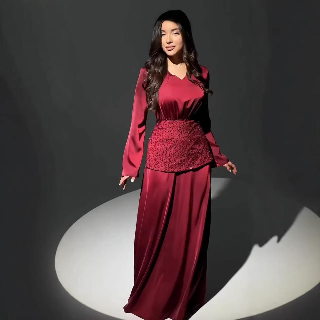 European and American Women's Clothing Spring New Temperament Elegant V-neck Sequined Apron Satin Dress Dress