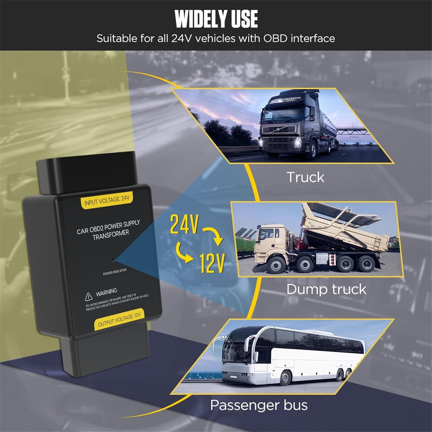 

Car OBD2 Power Supply Transformer 24V to 12V OBD Power Supply Converter OBD2 Voltage Converter 16 Pin Adapter Connector Tool for Truck,Bus,Heavy Duty