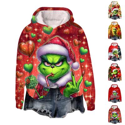 Ladies' Christmas Greentown Print Casual Long Sleeved Hooded Sweatshirt Top