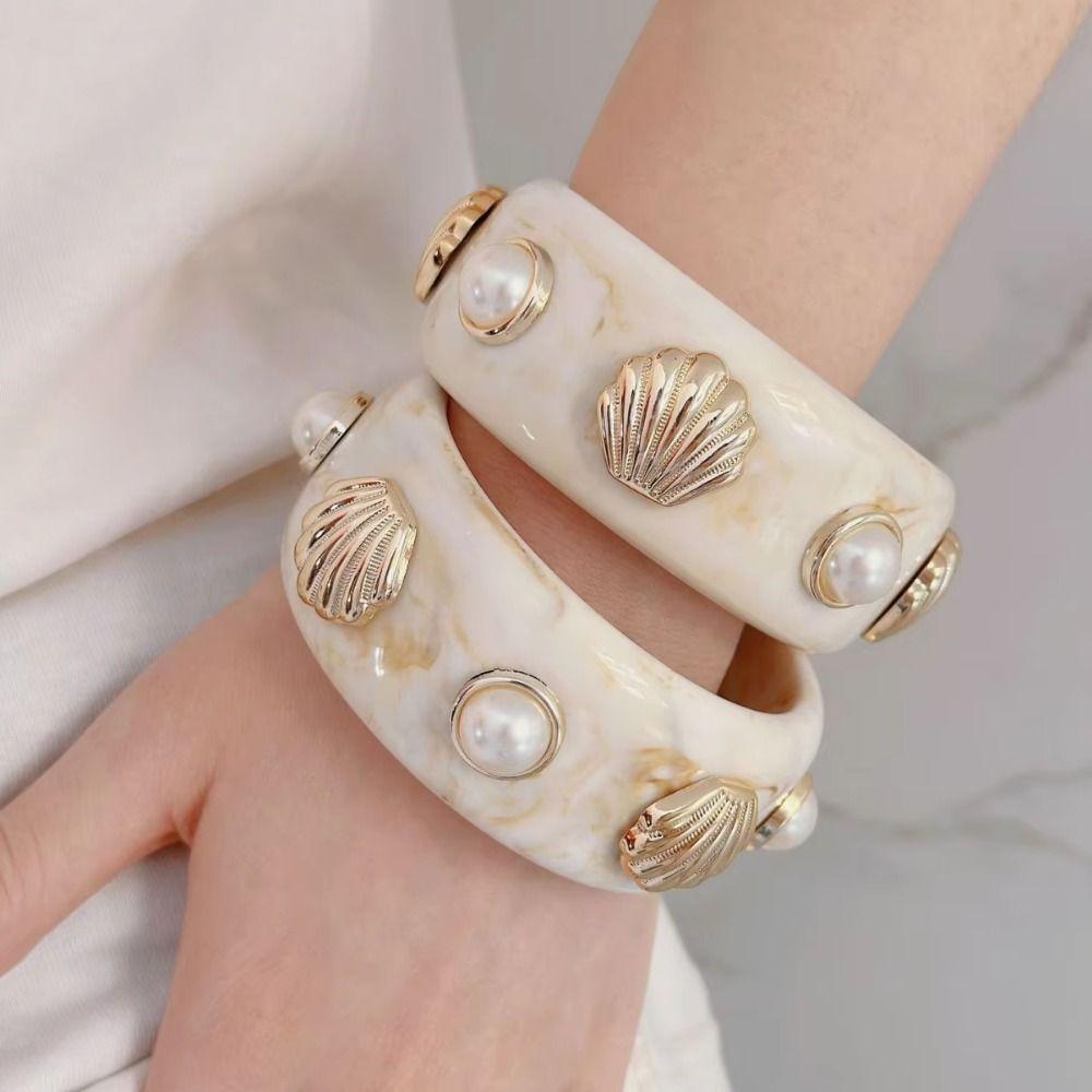 Round Bohemian Bangle Wide Chunky Wrap Wristbands Resin Pearl Shell Bracelet  Girls
