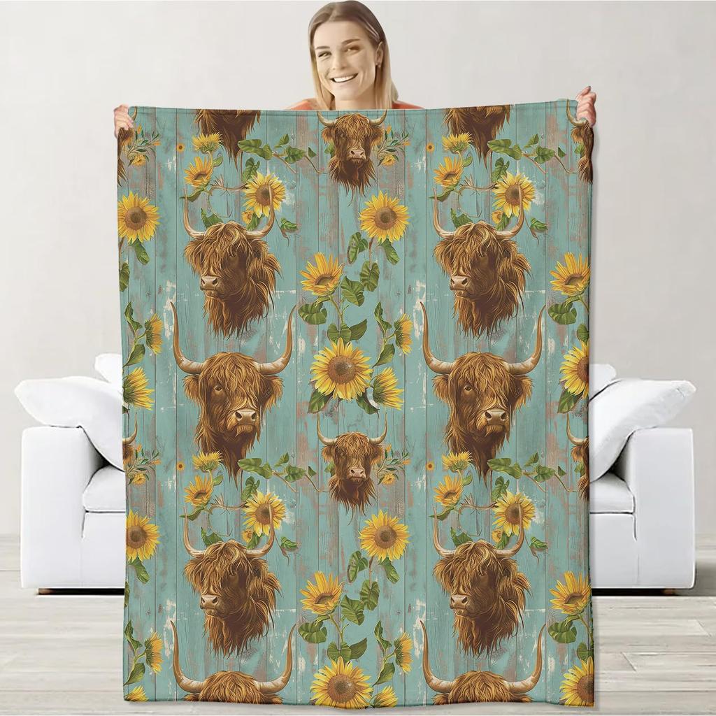 Sunflower Heights Cattle Digital-printed Polyester Bedroom Velvet Flannel Soft Sofa Cover Blanket Fleece Soft Sofa Cover