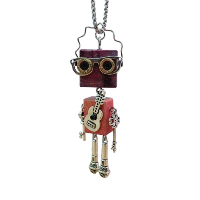 Wood Block Robot Pendant Necklace Adjustable Length Punk Neckchain Stylish Leather Cord Accessory Fade Resistant Chokers