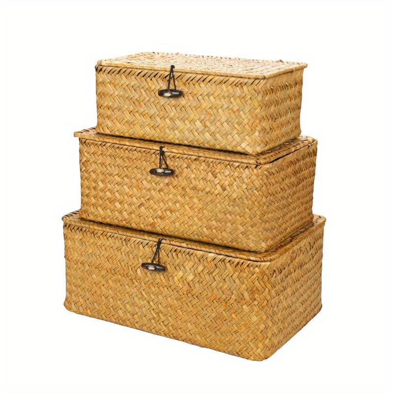 Brown/beige/coffee 3-pieces Set Grass Woven Home Sundry Storage Box with Lid Cover buckle,toy&Towel&Dirty Clothes Collecting Basket Container.
