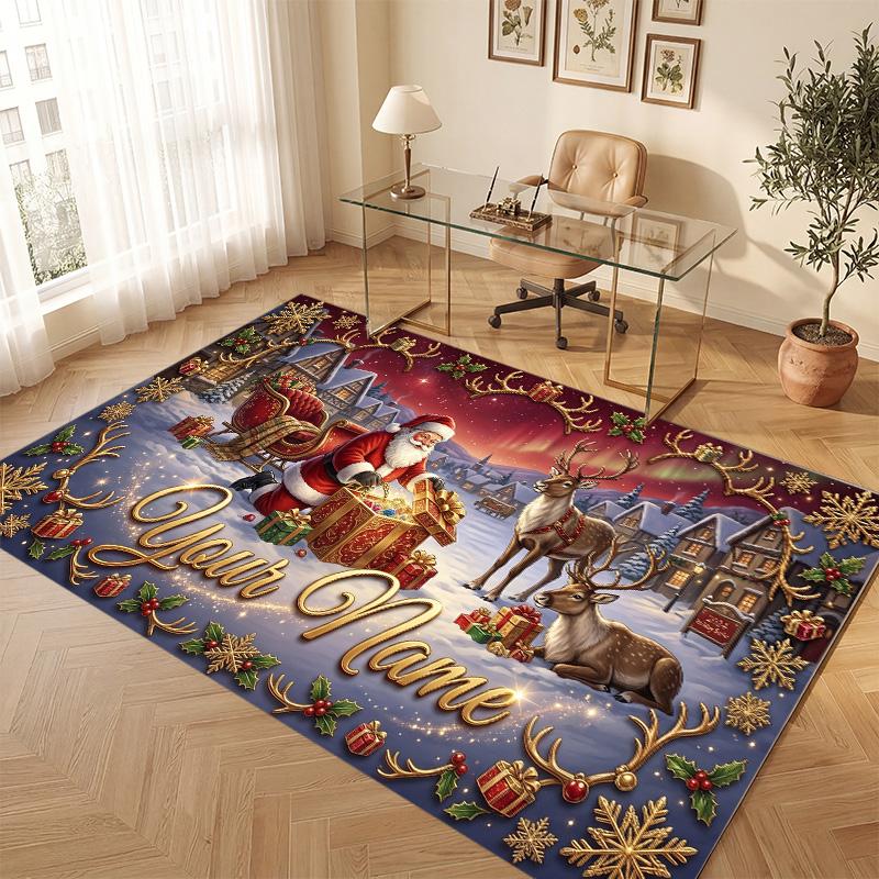 Christmas Theme Soft Crystal Velvet Rug Custom Name & Text Print Non Slip Floor Rug for Bedroom Living Room