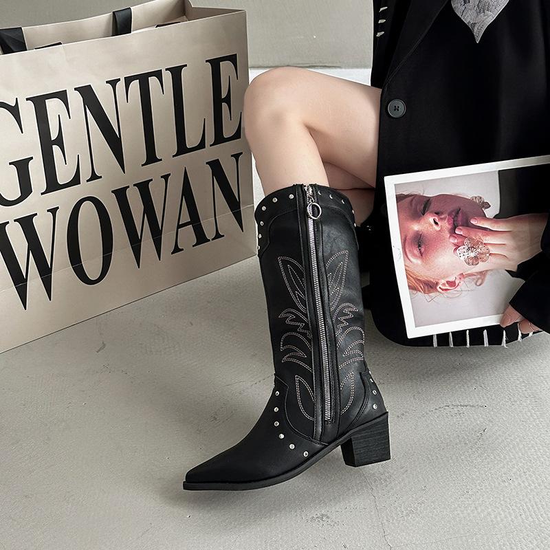Fashion versatile casual western cowboy boots spring and summer new design sense pointed leather boots thick heel women's knight boots