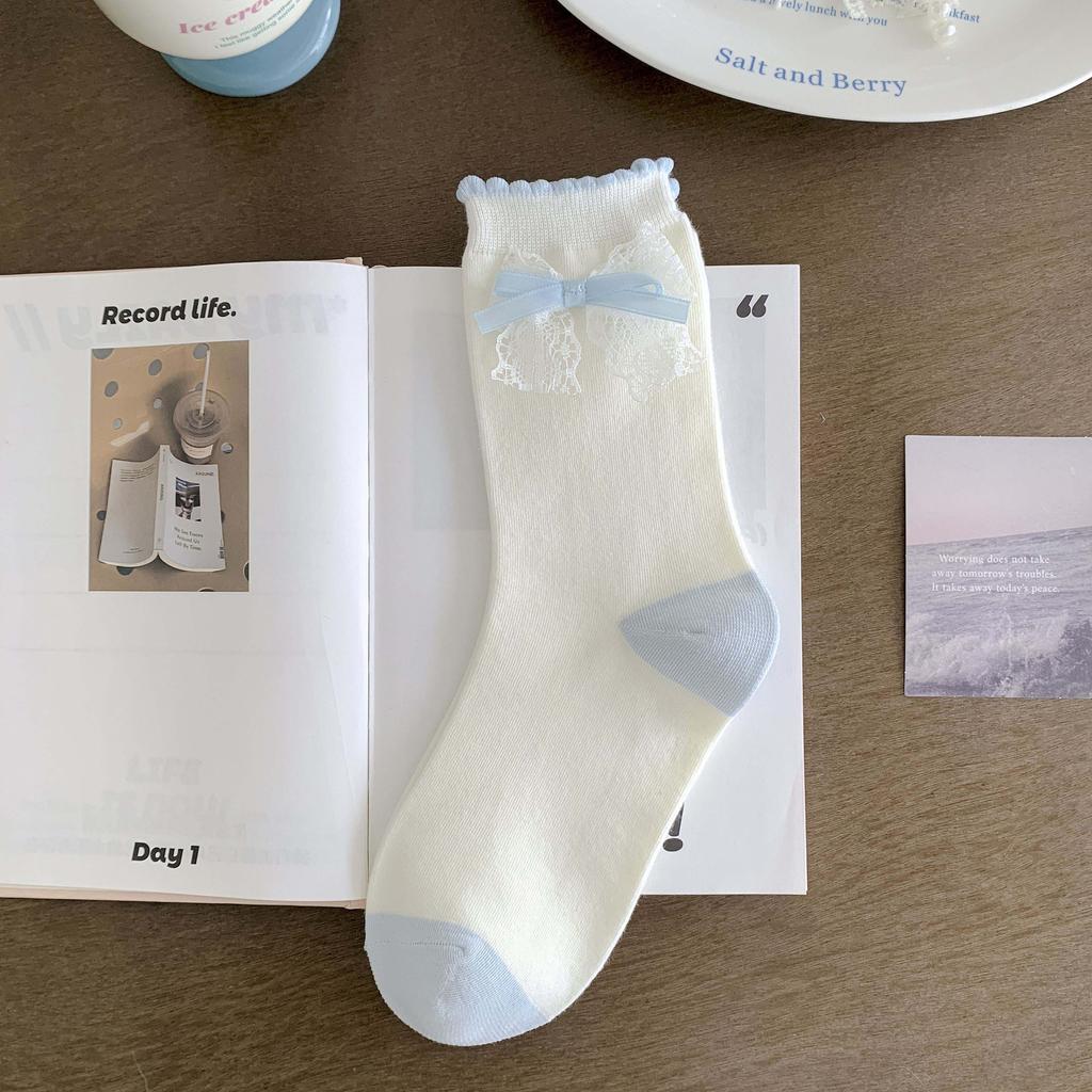 Blue and White Decorative Socks - Lil' Lolydita Bow Tie Ankle Socks with Rolled Edges and Gathered Fabric, Sweet Lace Socks
