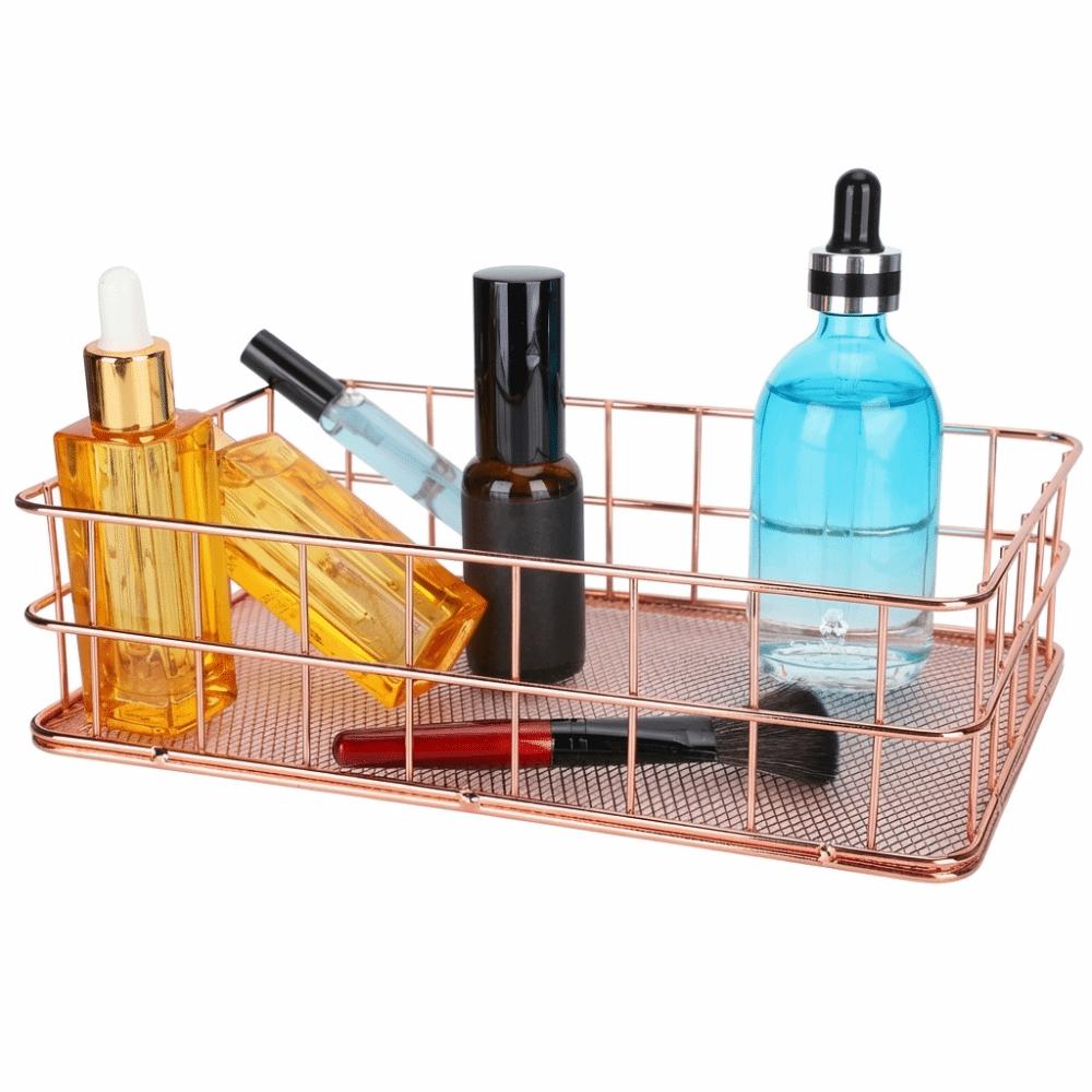Iron Grid Wire Storage Basket Rose Gold Multipurpose Wire Storage Organizer 24.1× 16.2× 6.4cm Exquisite Metal Storage Organizer