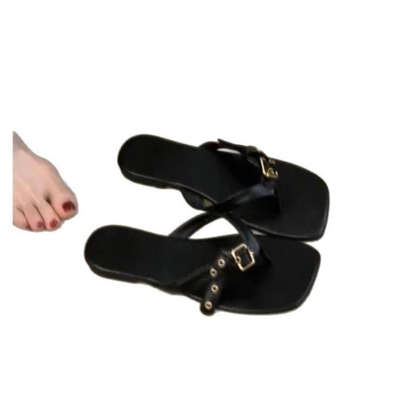 Design Belt Buckle Flat-bottomed Black Sandals Women's Summer Casual One-pedal Soft-soled Toe Flip-flops Shoes